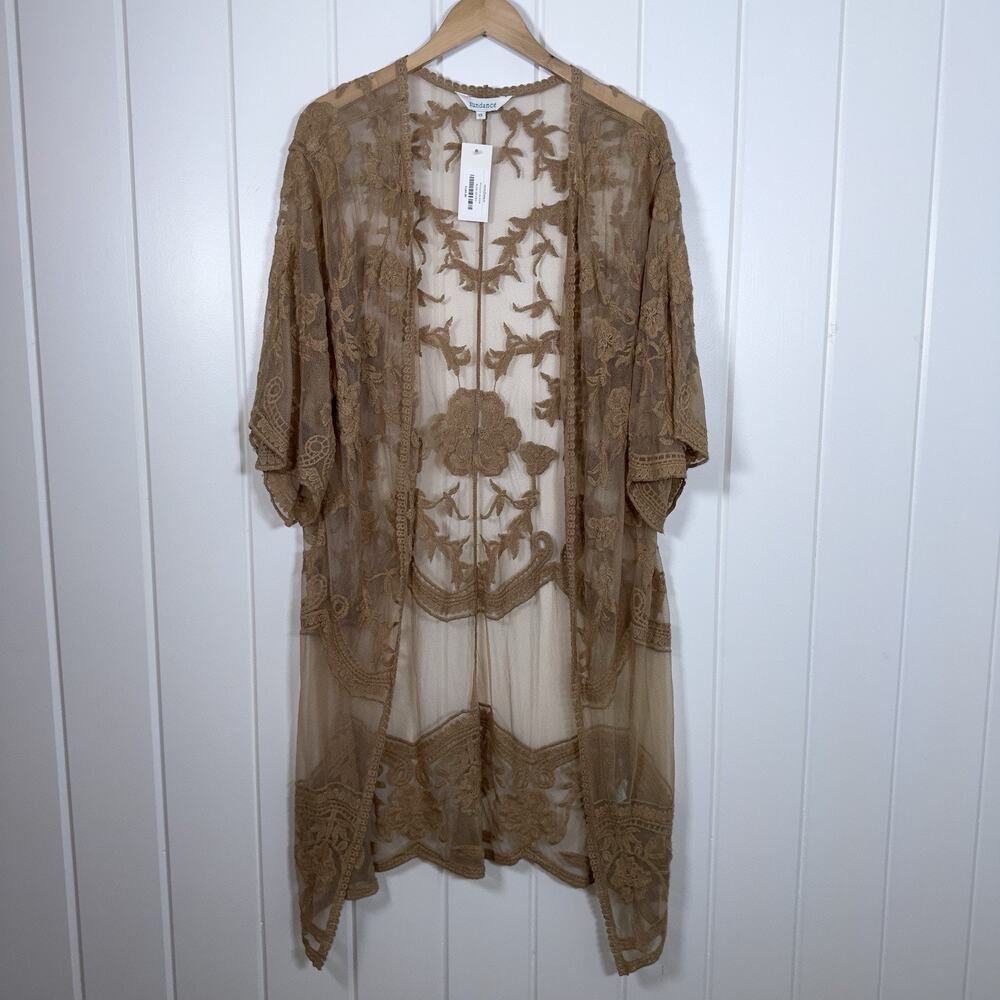 Sundance Lace Duster Cardigan Women's XS Brown 3/4 Sleeve Open Front Boho